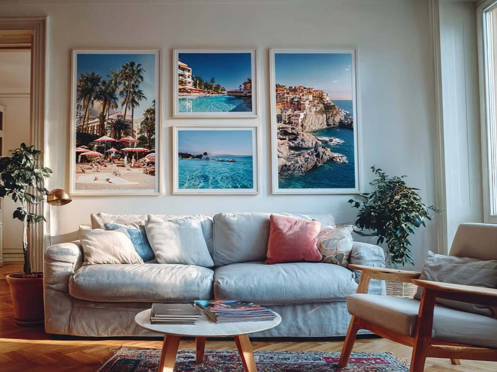 Wangestaltung im Wohnzimmer mit Urlaubsbilder im Rahmen. Davor steht ein Sofa und ein kleiner runder Tisch.