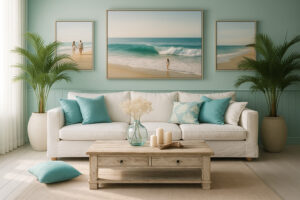 Mediterran eingerichtetes Wohnzimmer mit einem hellen Sofa, Kissen in türkis und weiß, einem Holztisch mit Deko-Elementen und Wandbildern mit Strandmotiven.