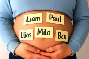 Schöne Jungennamen mit gelben Zetteln auf dem Bauch einer Schwangeren